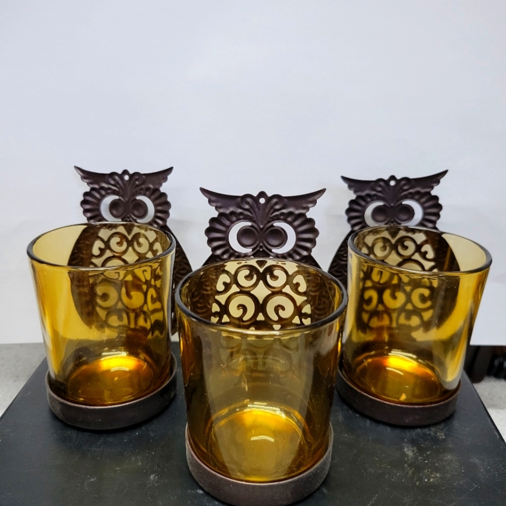 Set of 3 Metal Owl candle holders with glass inser